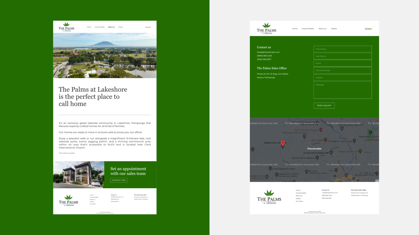 Additional pages of The Palms at Lakeshore real estate website including about section, contact form, and location map