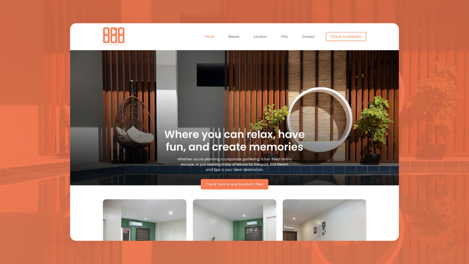 Hospitality website homepage design for 888 Resort and Spa by web designer Kezia Braña