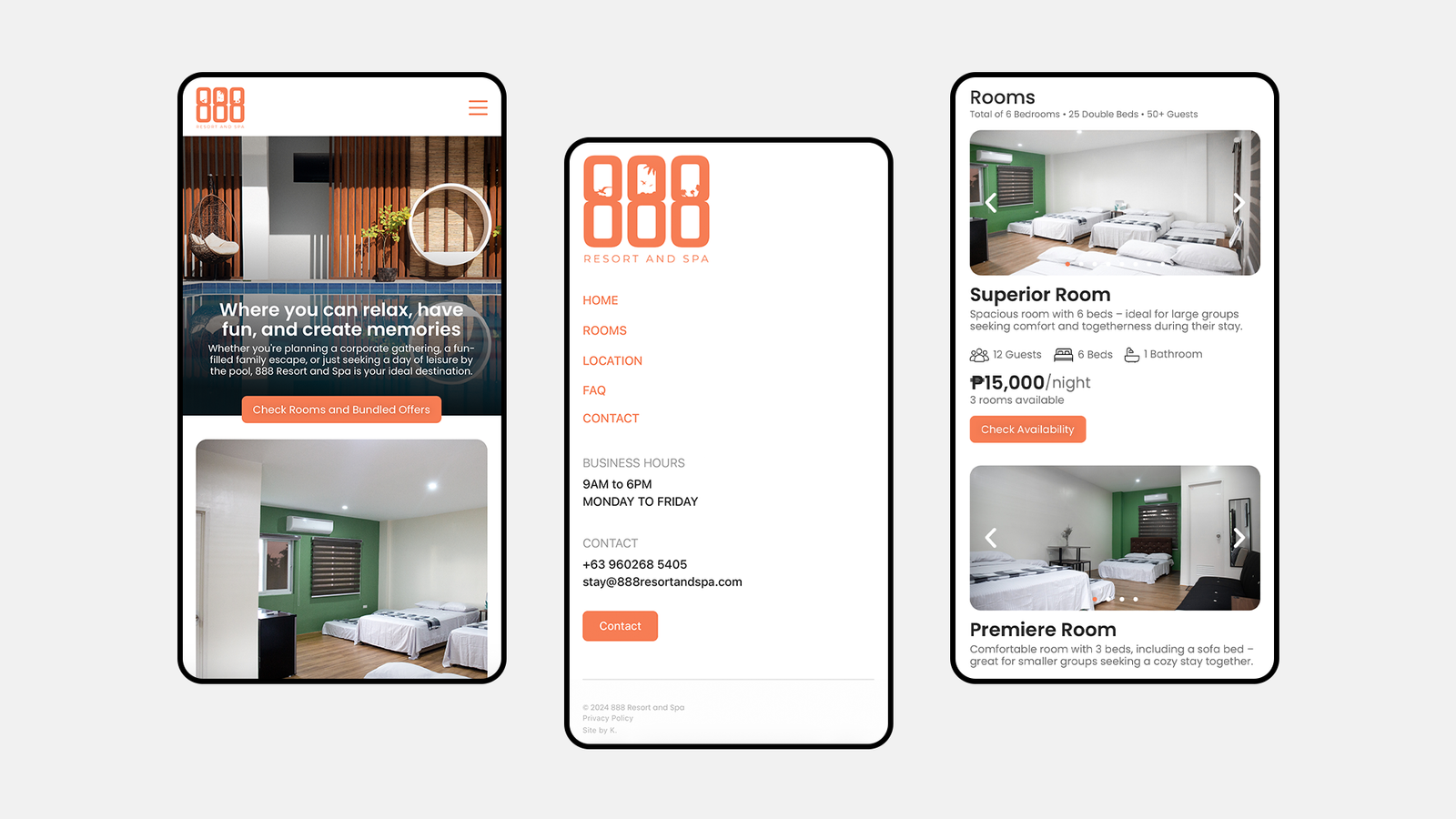 Responsive mobile website design for 888 Resort and Spa created by web designer Kezia Braña