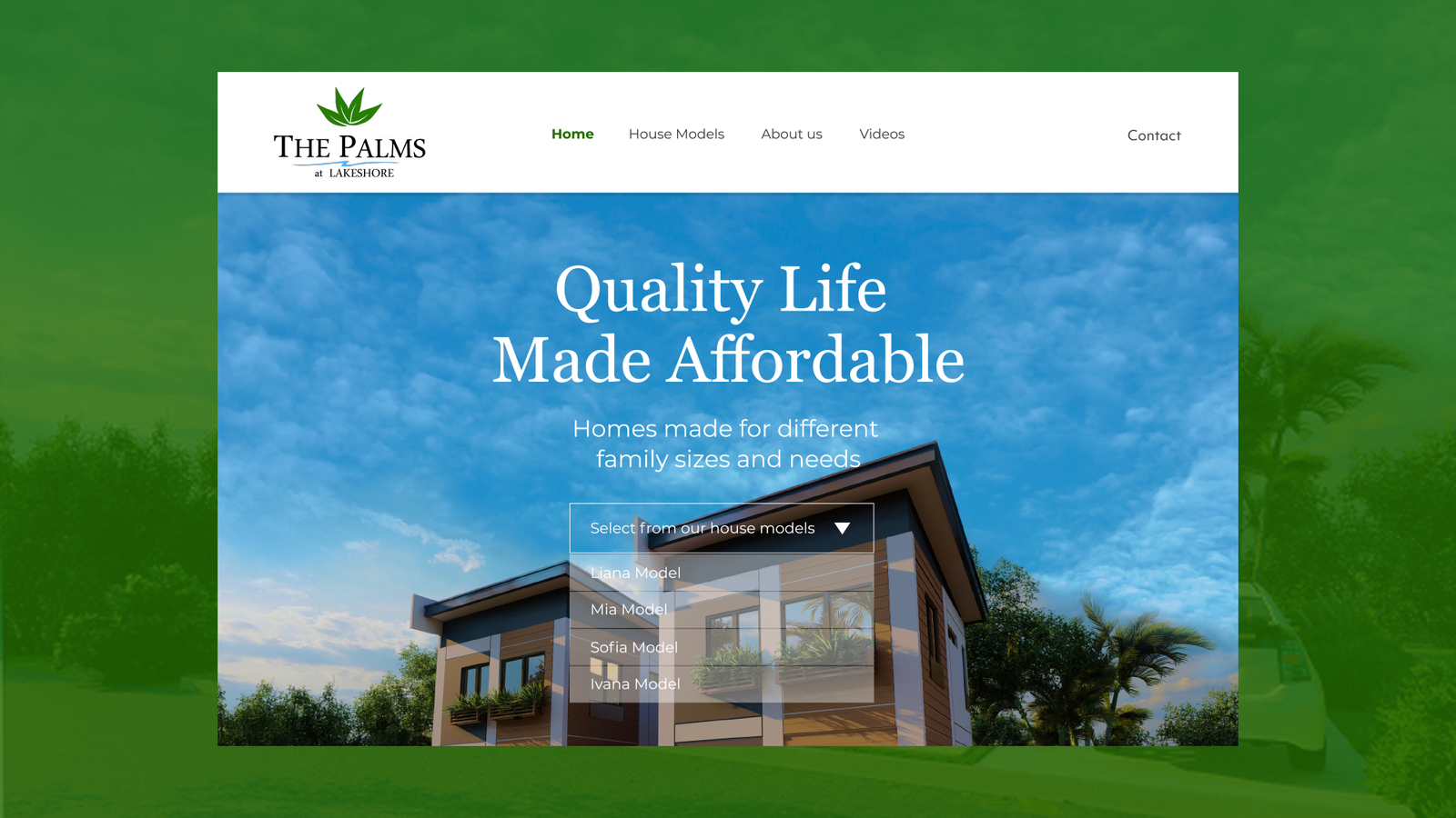 Real estate website homepage hero for The Palms at Lakeshore townhouse development