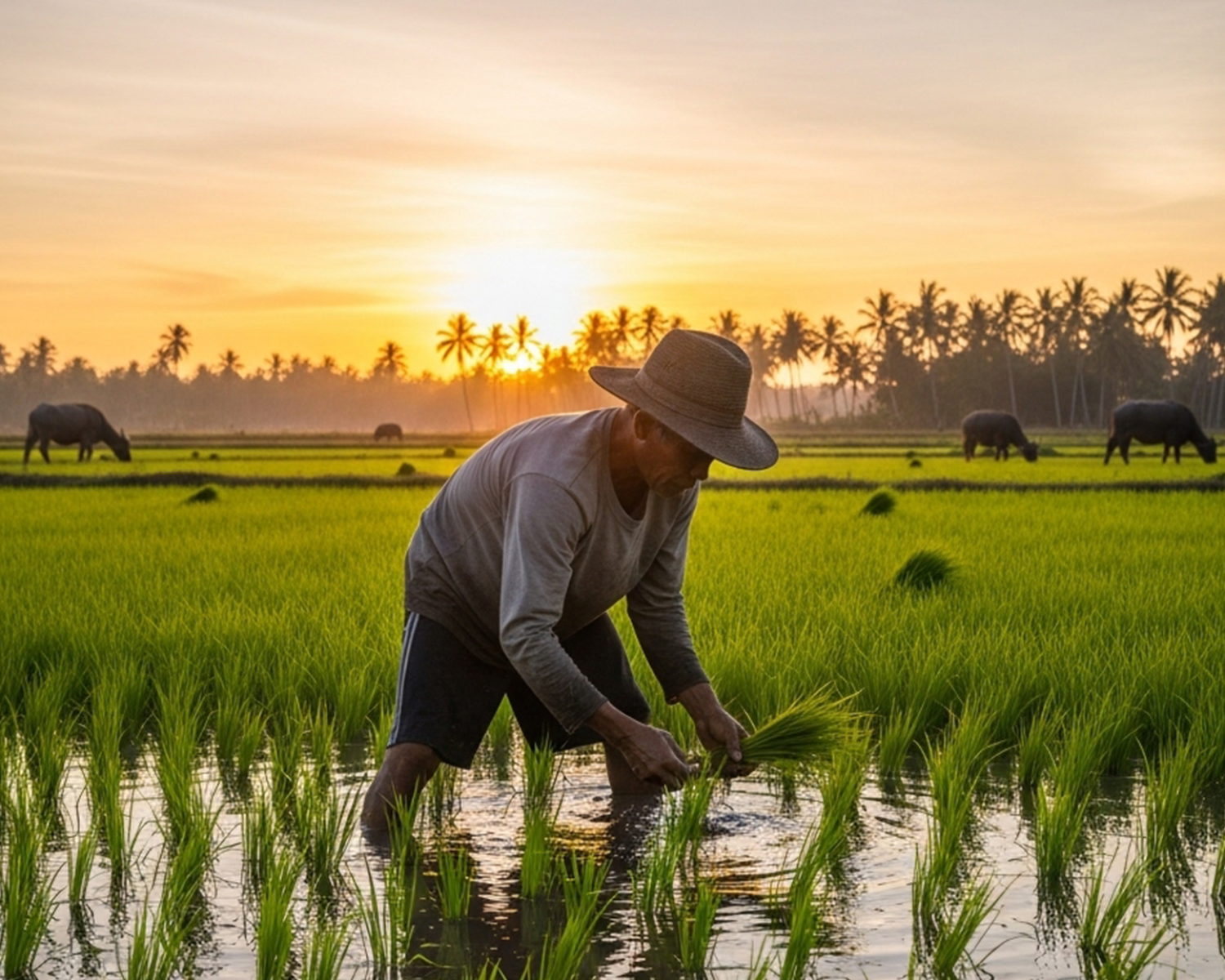 Filipino rice farmer planting crops in agricultural field supported by Agribase Chemicals Inc